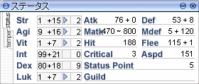 ステータスは Str 1+15、Agi 9+16、Vit 1+7、Int 99+21、Dex 80+18、Luk 1+7。(ブレス、速度増加込み)